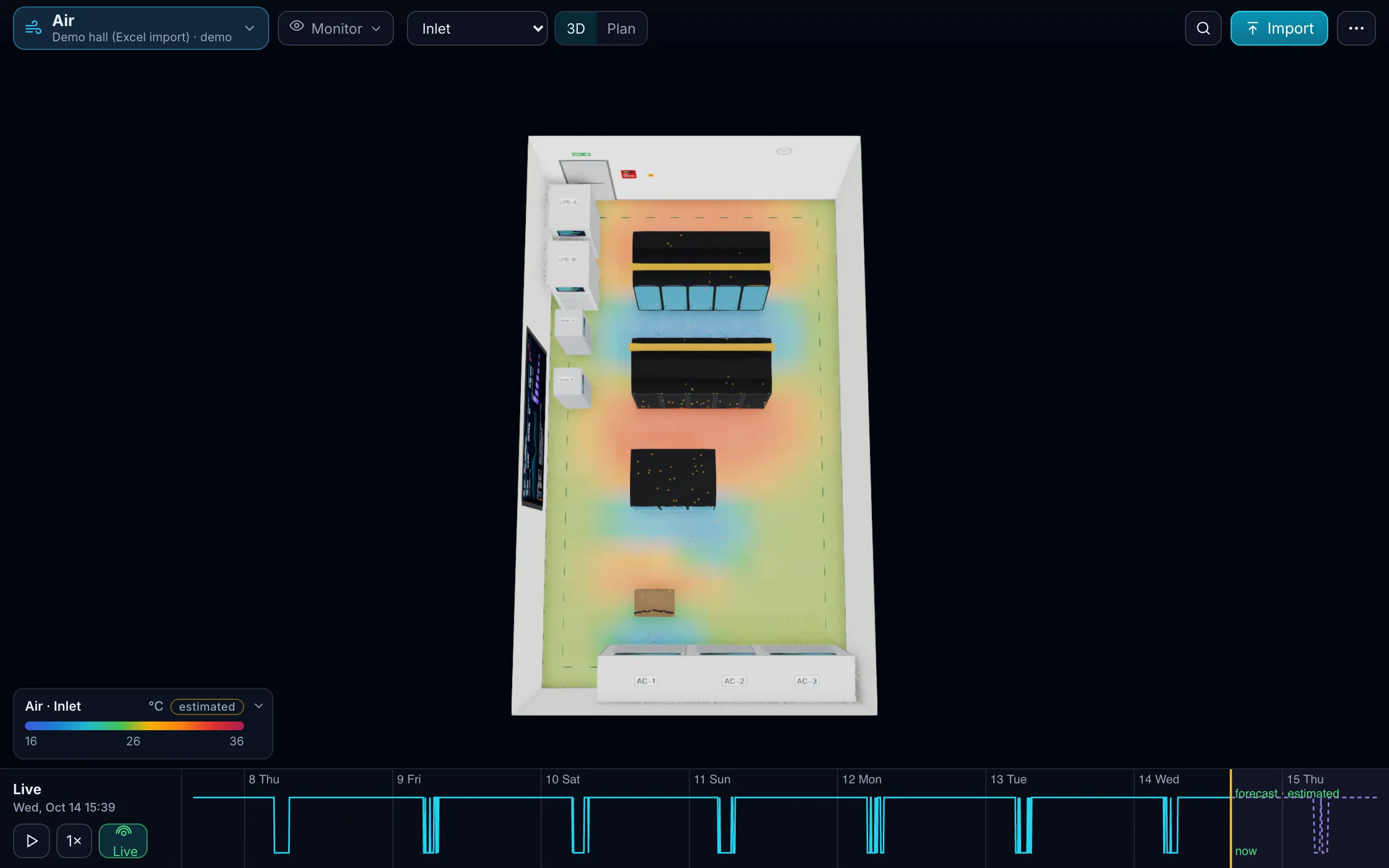 Top-down Air view of the demo hall with an inlet-temperature heat map from 16 to 36 °C, labelled estimated, and three AC units along one wall.