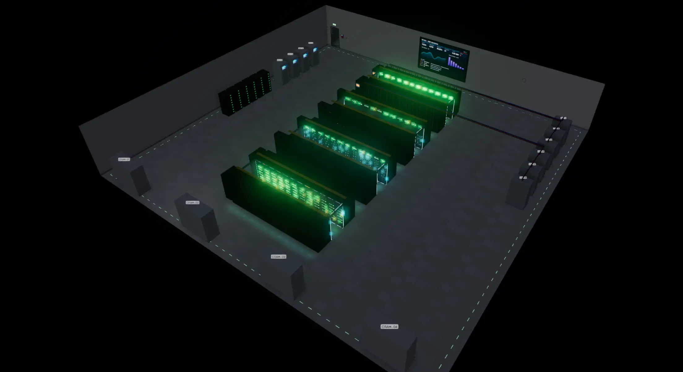 A data hall in DC Sim with the lights off: rows of racks glow green from their LEDs, the NOC wall screen lit.