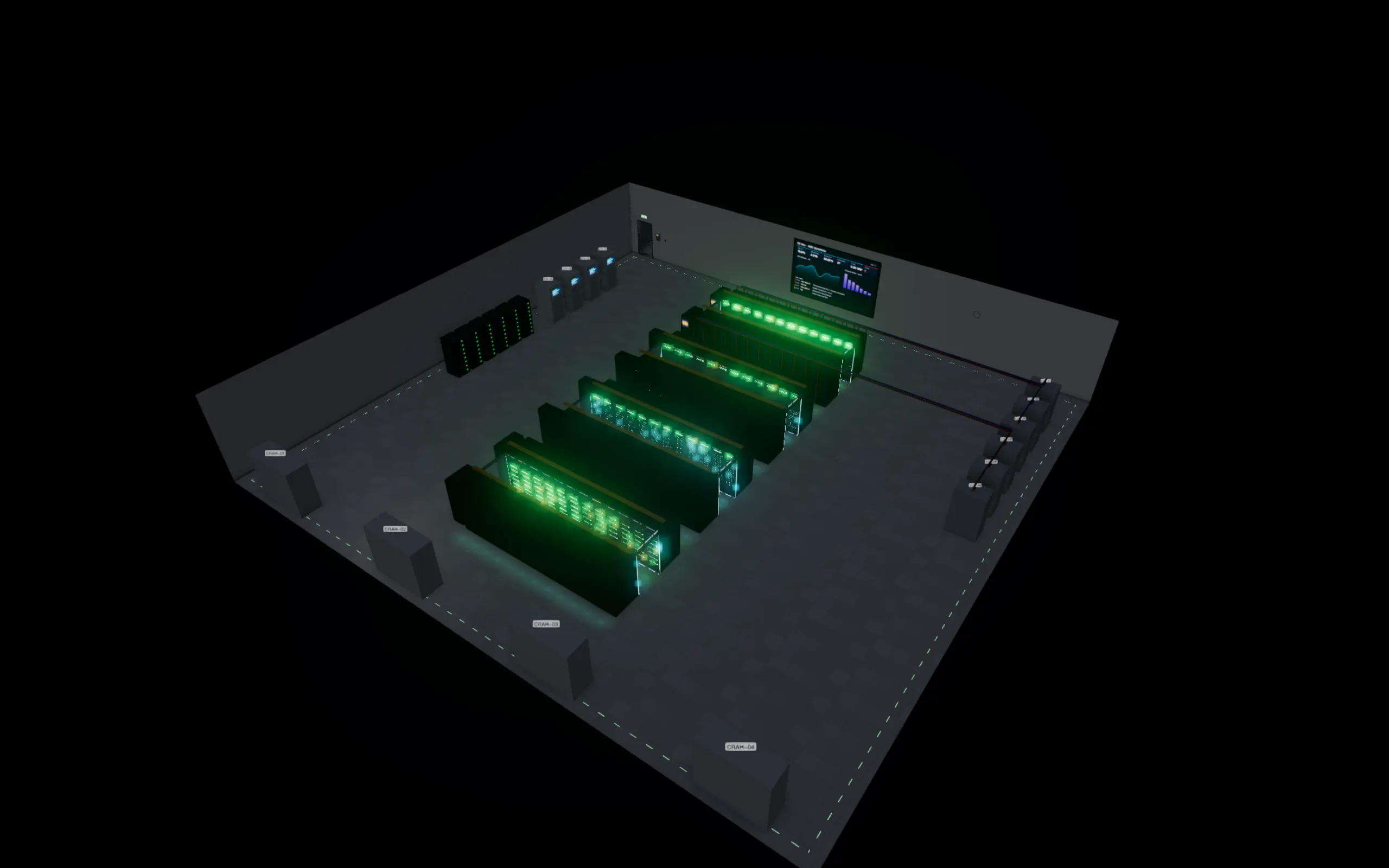 A 96-rack hall with the lights off: only server LEDs, aisle strips and the NOC wall screen glow.