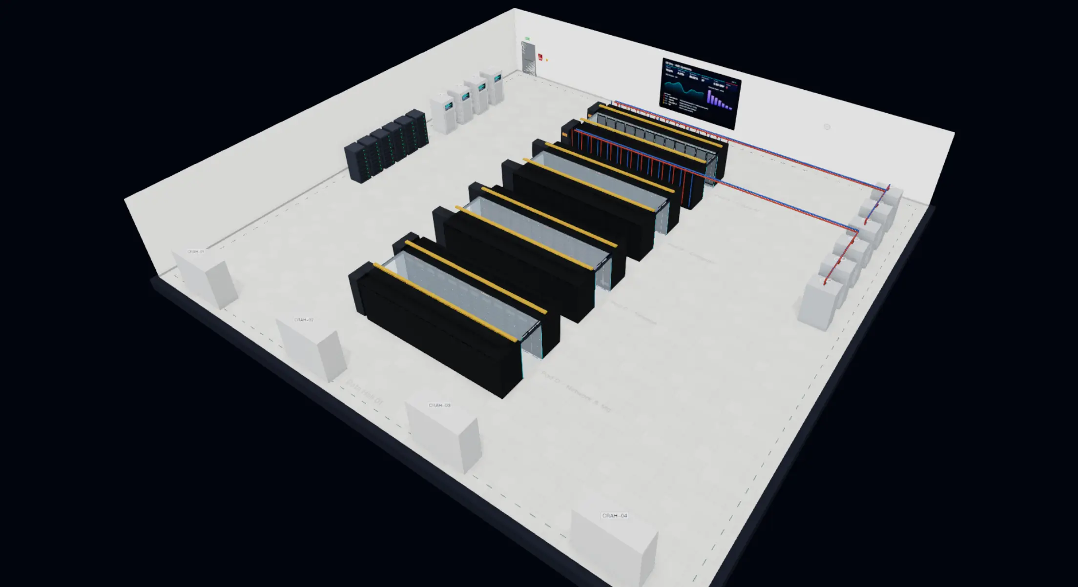 The same data hall with the lights on: white walls, light grey floor, rows of black racks, cooling units along the walls.