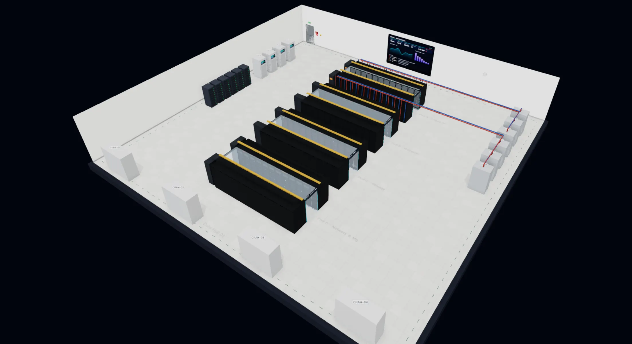 The same data hall with the lights on: white walls, light grey floor, rows of black racks, cooling units along the walls.