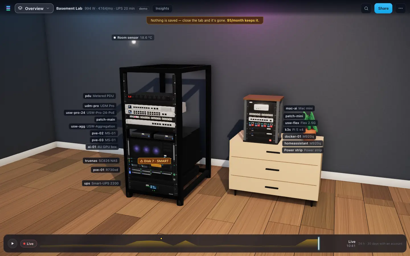 The demo lab in 3D: two racks with labelled devices, a power and cost readout at the top and the timeline at the bottom