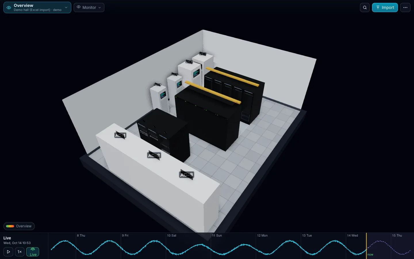 The demo hall in 3D: two rows of racks, three cooling units and the UPS and panel cabinets, with the View and Mode menus.