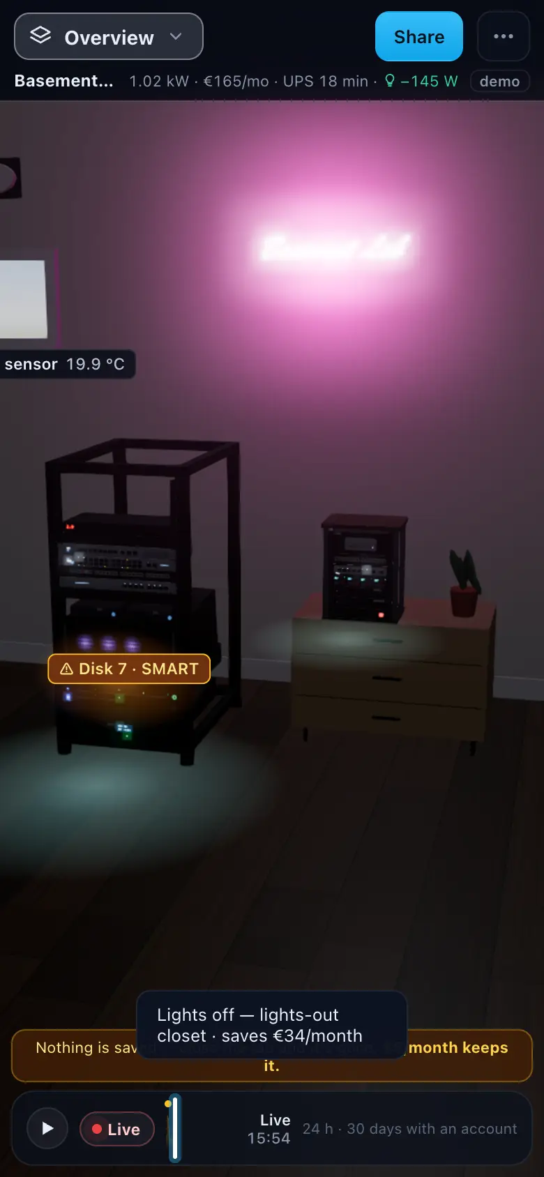 The demo lab on a phone-sized screen with the lights off (emulated)