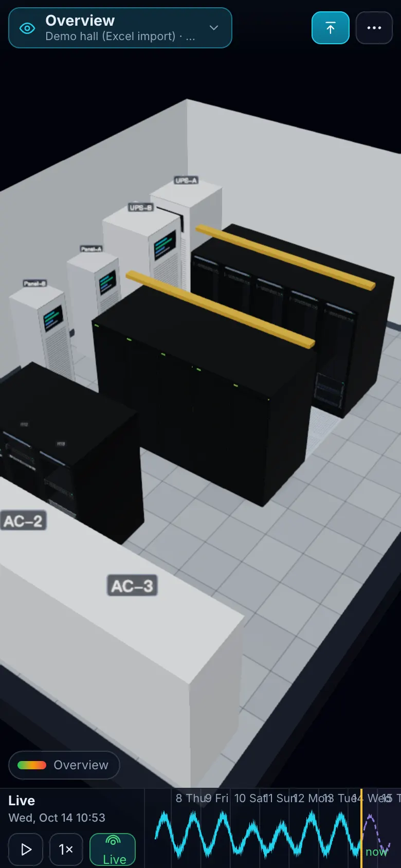 DC Sim on a phone: the demo hall in 3D with the View menu, import button and time slider.
