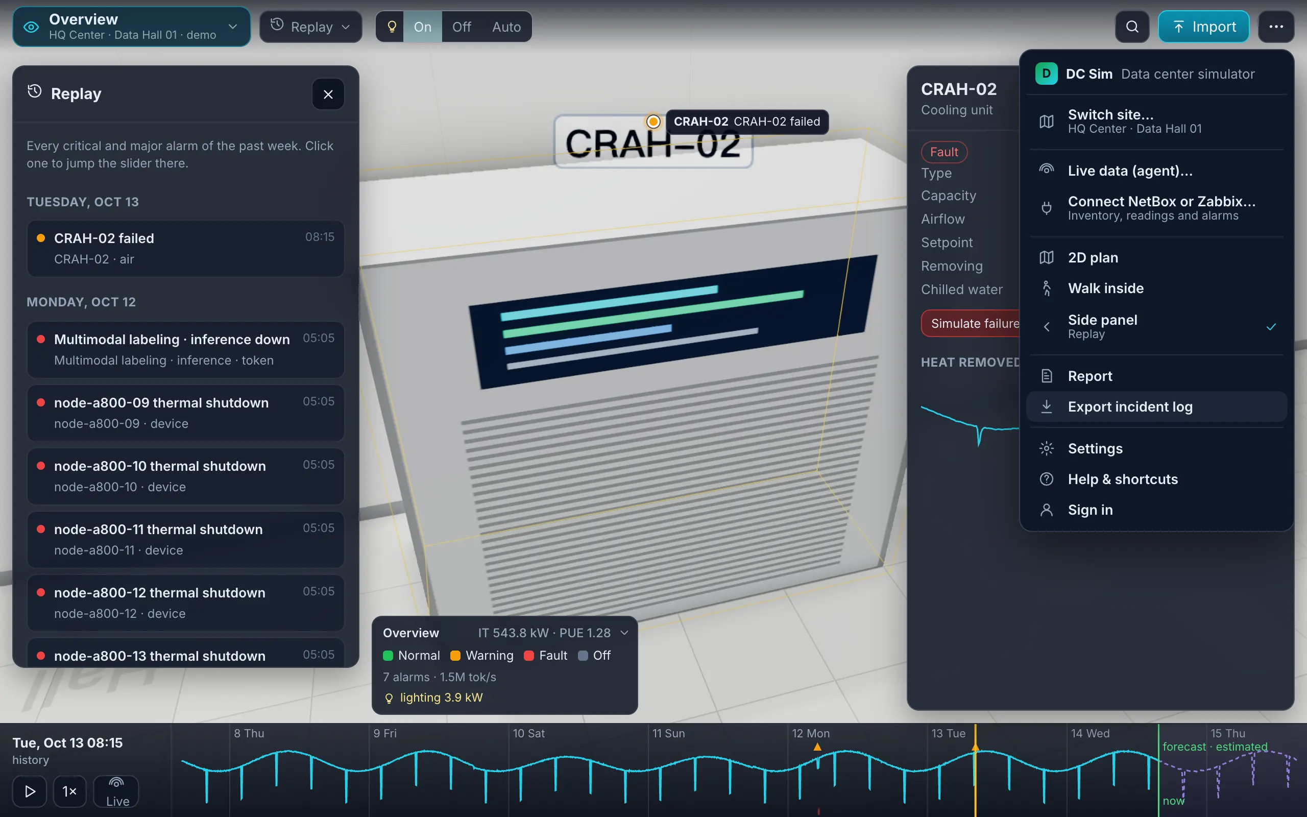 Replay panel listing the week's critical and major alarms (a cooling unit failure, thermal shutdowns of GPU servers, an inference service down), with the room shown at the time of the selected alarm.